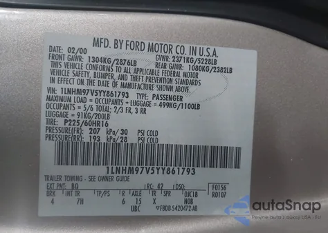 2000 Lincoln Continental z USA, uszkodzony, nr VIN 1LNHM97V5YY861793